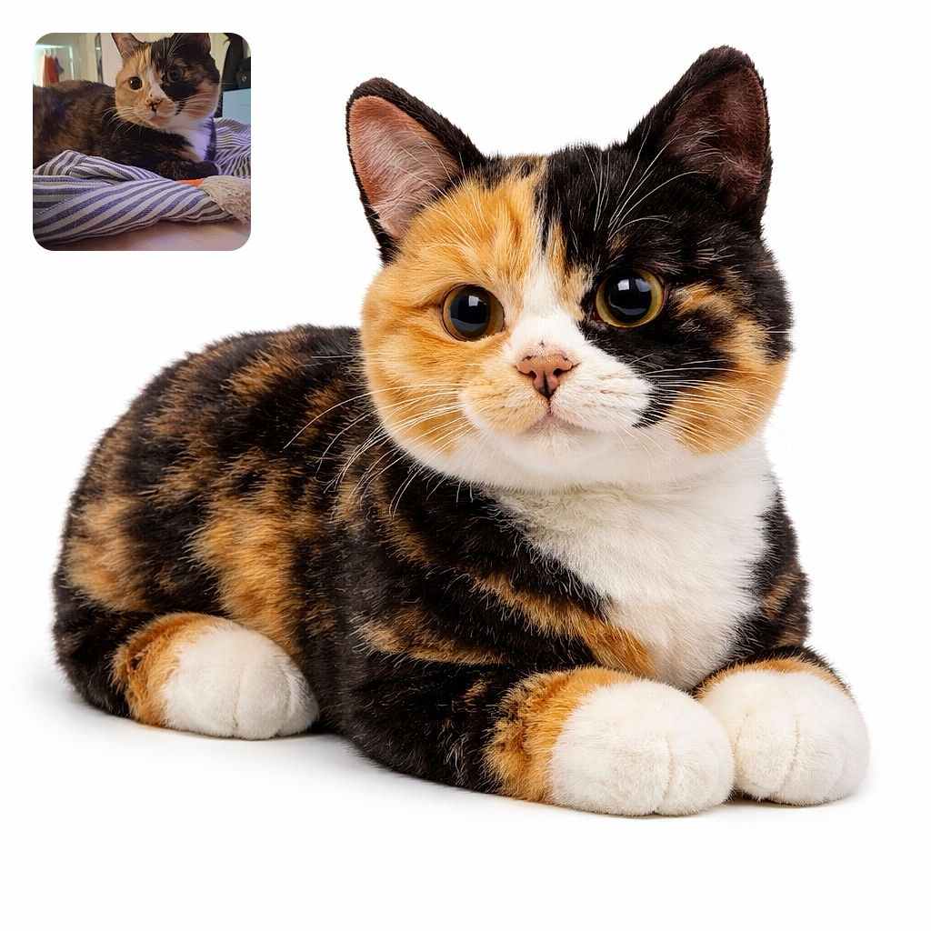 A charming calico cat lounges comfortably on a striped fabric, gazing curiously off to the side with wide, expressive eyes. The cozy indoor setting features soft lighting and a slightly blurred background, highlighting the cat's unique facial markings and relaxed posture.