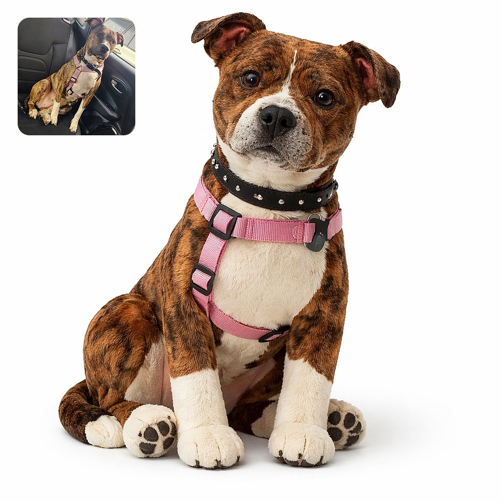 A charming brindle dog wearing a pink harness sits patiently on the backseat of a car, looking out the window with a calm and curious expression. The car interior is clean but shows some pet hair, and the dog seems ready for an adventure or a cozy ride home.