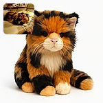 A fluffy, multi-colored cat is curled up and snoozing peacefully on a beige leather couch, surrounded by cozy blankets and soft cushions in a warmly lit living room.