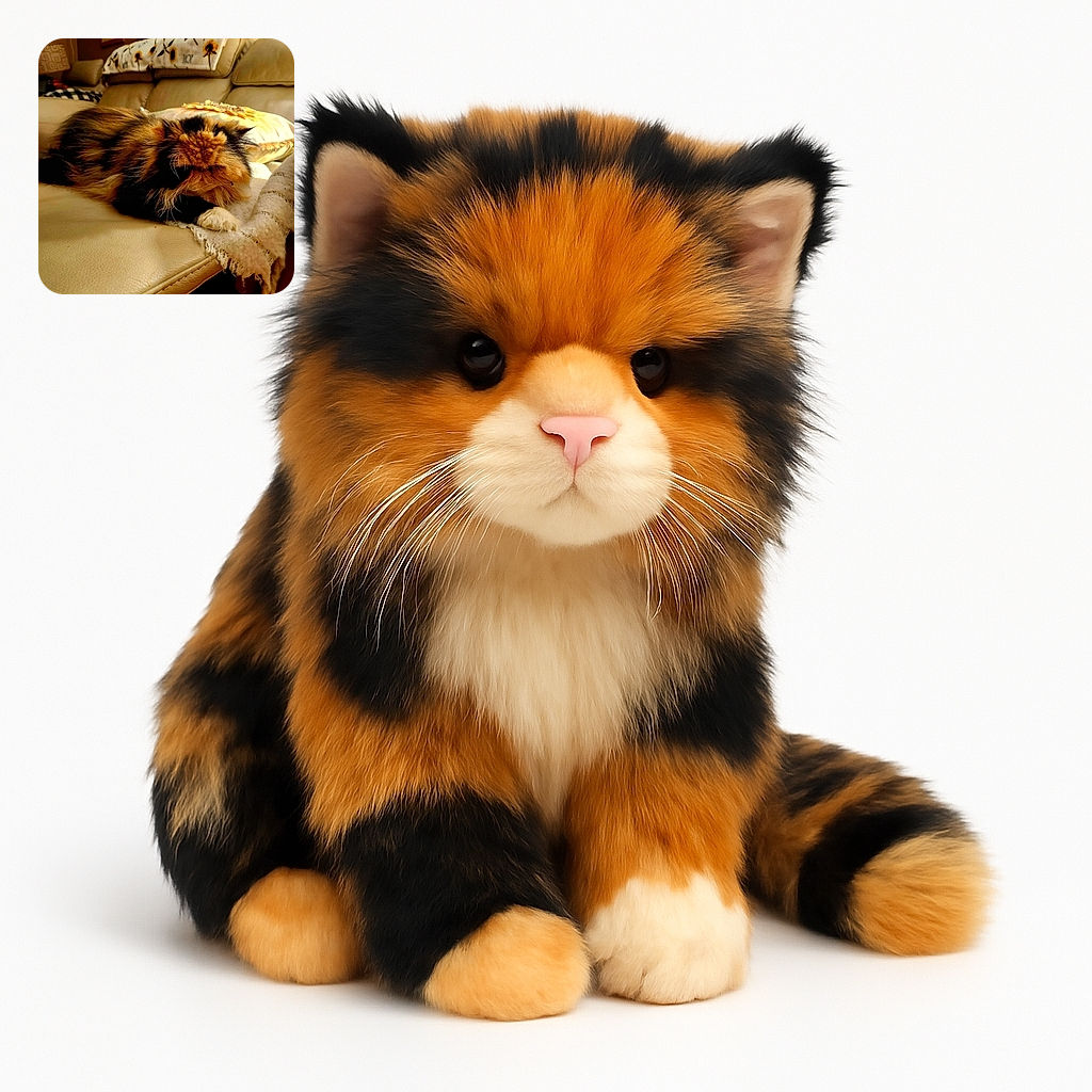 A fluffy, multi-colored cat is curled up and snoozing peacefully on a beige leather couch, surrounded by cozy blankets and soft cushions in a warmly lit living room.