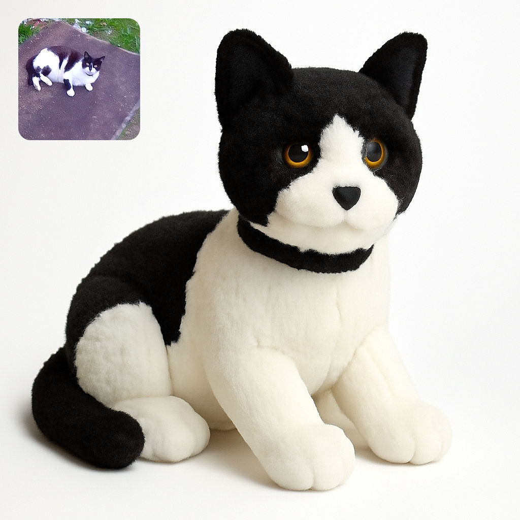 A slightly blurry black and white cat lounges on a worn outdoor mat surrounded by grass and scattered debris, looking curiously at the camera with glowing eyes.