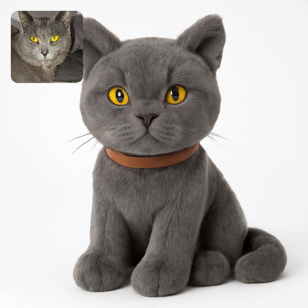 A close-up photo of a gray cat with strikingly bright yellow eyes staring directly at the camera, with soft background elements slightly blurred.