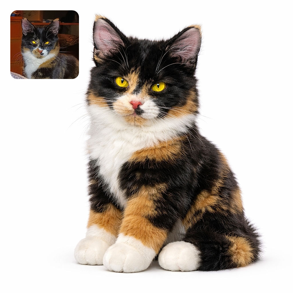A regal calico cat glares into the camera with glowing yellow 'laser' eyes, whiskers fanned and nose speckled, sitting in front of a cluttered shelf — clearly judging your snack choices with dramatic flash lighting.