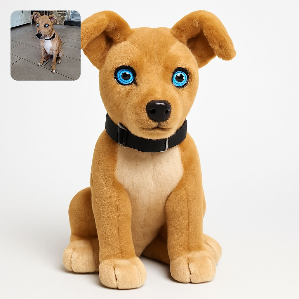 A charming tan dog with striking bright blue eyes sits attentively on a tiled floor in a cozy room with stone walls and white cabinetry, looking like it just heard a fascinating secret.