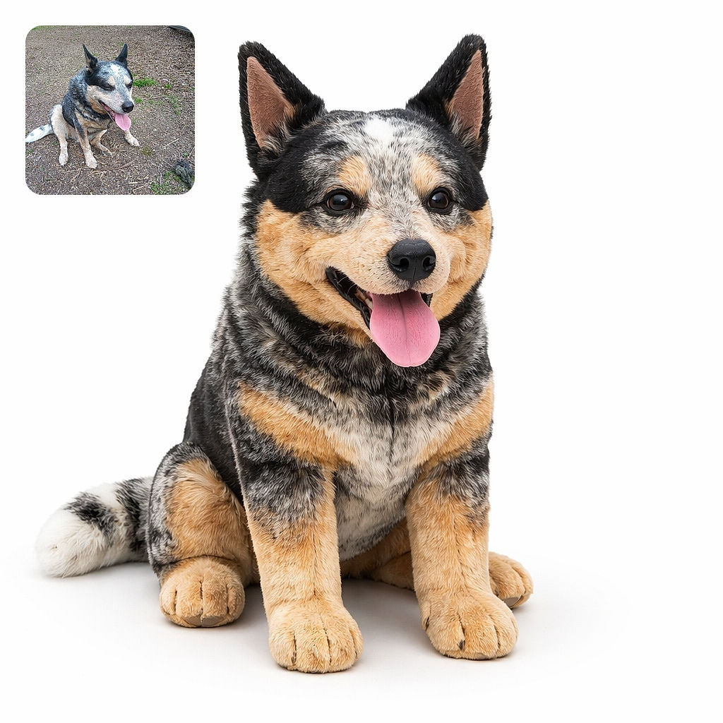 A happy dog with a speckled coat sits on a patch of dirt and leaves, panting with its tongue out as if it just finished a playful romp. The rustic wooden fence and scattered greenery in the background add a cozy outdoor vibe.