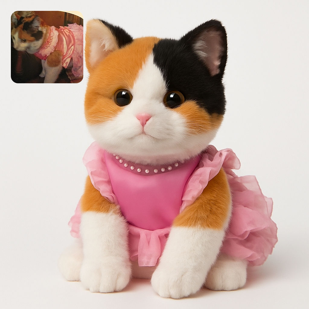A slightly blurry photo of a calico cat dressed in a frilly pink dress, standing on a striped surface with a warm-toned background.