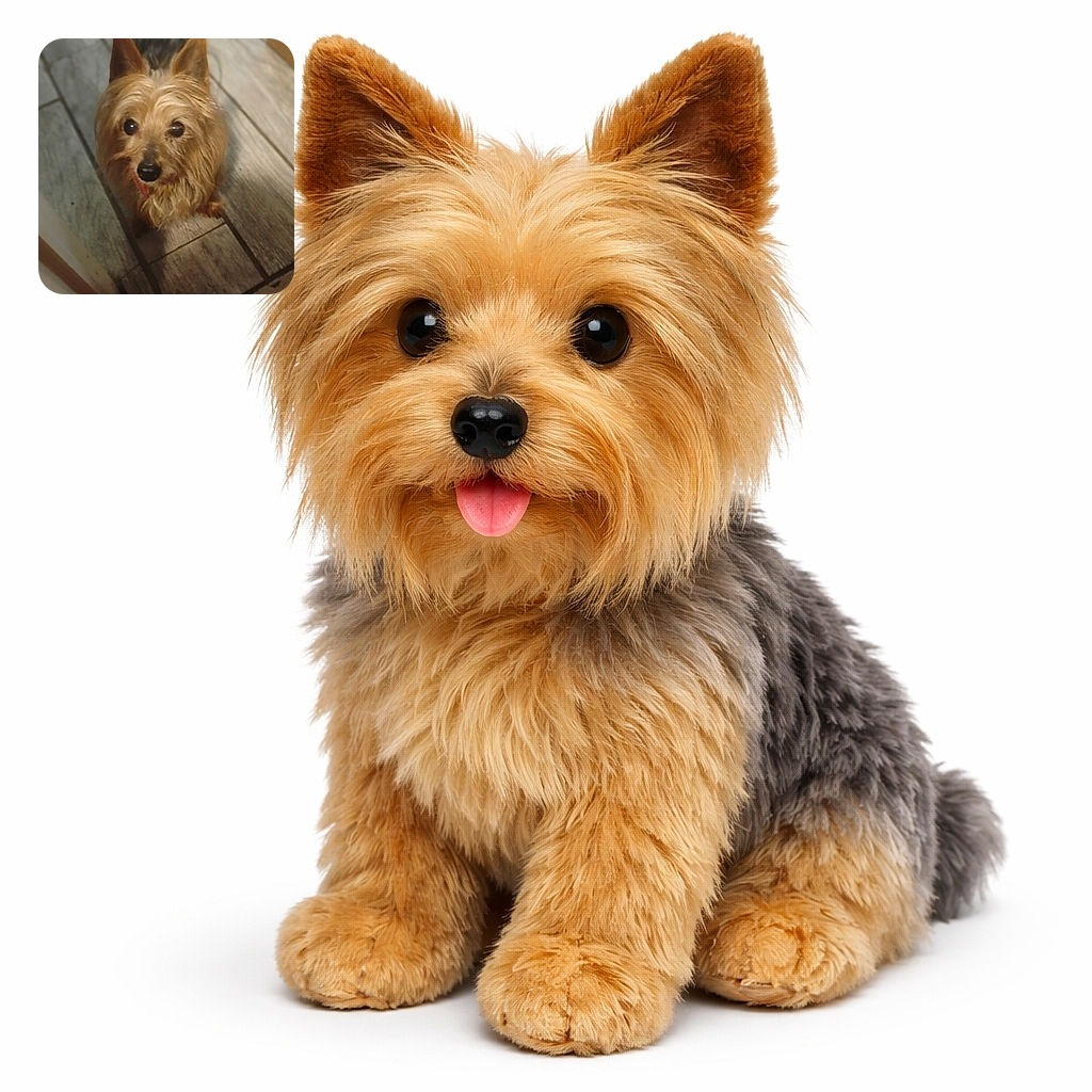 A scruffy little dog stares up with big, soulful eyes and a tiny tongue peeking out, framed by tile flooring and a doorway — looks like it's asking for treats or the next big adventure. Warm indoor lighting, soft focus around the edges, and a comically earnest expression make this an adorably guilty portrait.