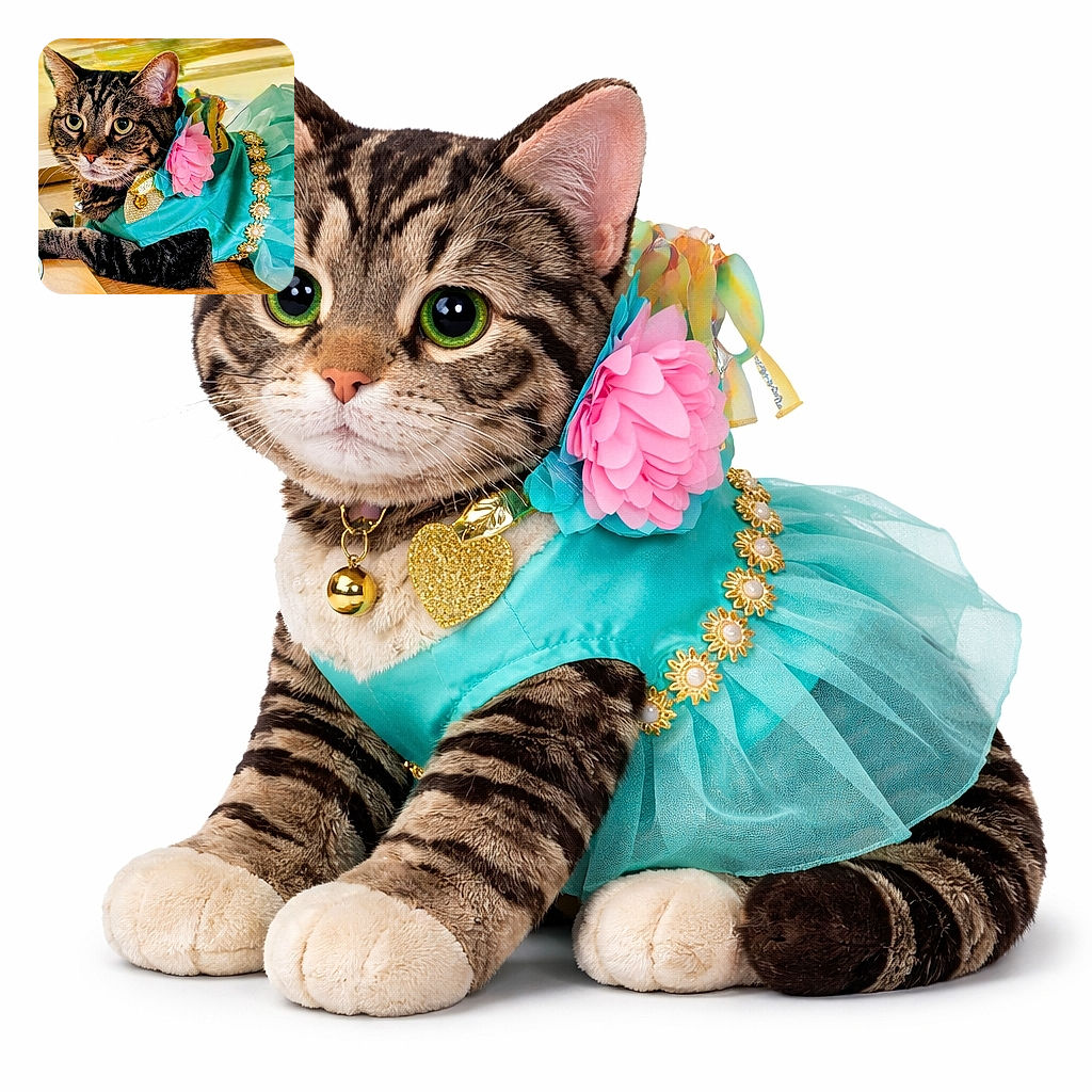A regal tabby reluctantly modeling a teal dress with a giant pink flower and gold pearl trim, giving the camera a very unimpressed yet dignified stare while lounging on a wooden floor — fashion week for felines.