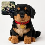 A charming black and tan dog with soulful eyes sits attentively on a patchy grassy ground, basking in dappled sunlight with shadows creating a natural frame around it.