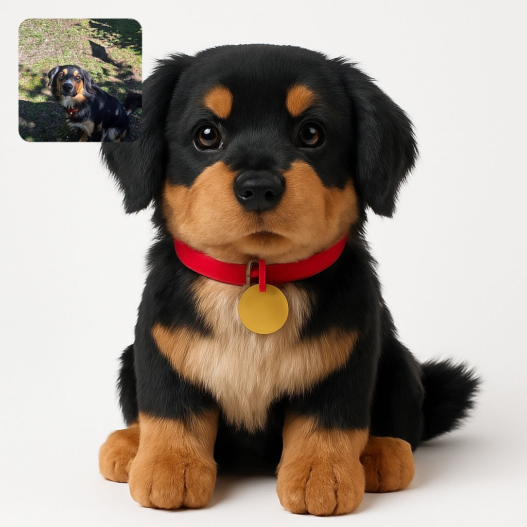 A charming black and tan dog with soulful eyes sits attentively on a patchy grassy ground, basking in dappled sunlight with shadows creating a natural frame around it.