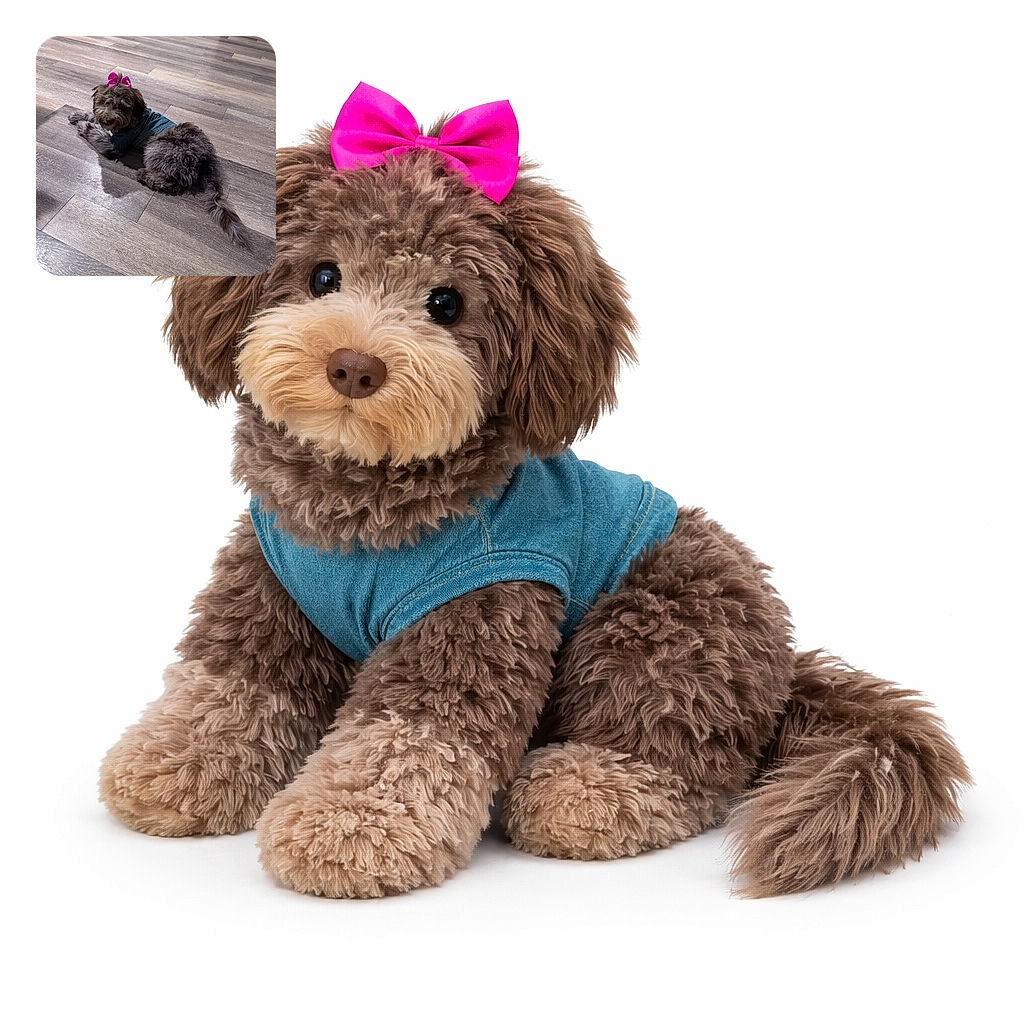 A fluffy little dog lounges on a wood floor wearing a tiny denim jacket and a bright pink bow, giving a sleepy, stylish side-eye like it knows it’s the household fashion director.
