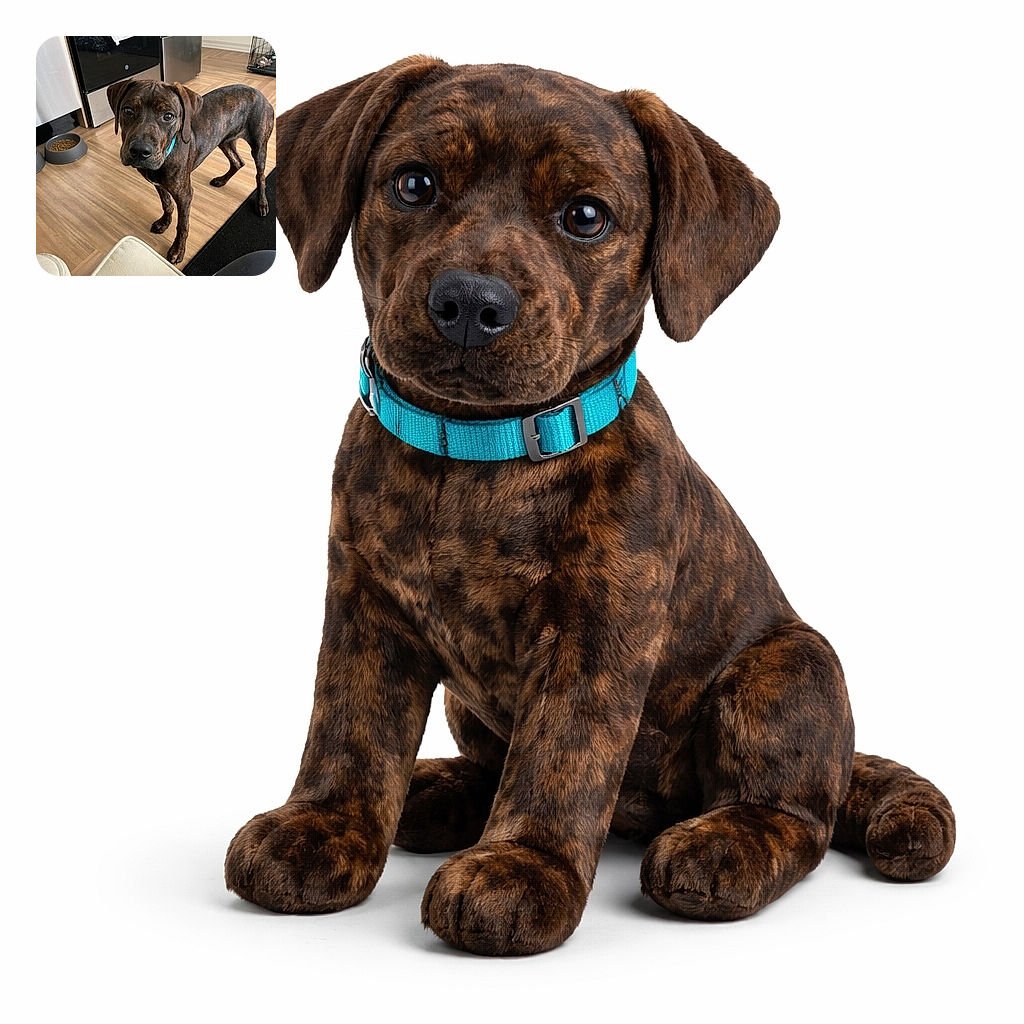 A curious brindle dog with soulful eyes stands attentively in a cozy kitchen, surrounded by a food bowl, stainless steel appliances, and a pet crate in the background.