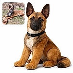 A vigilant Belgian Malinois dog lounges on a patch of grass and dirt in a backyard garden, with a furry tail-like object under its paws and a small rose plant blooming in the background, all framed by a rustic stone border and a concrete wall.
