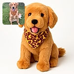 A happy golden retriever sits on a grassy lawn, sporting a bright sunflower-patterned bandana, looking like the friendliest pup ready for a summer picnic.