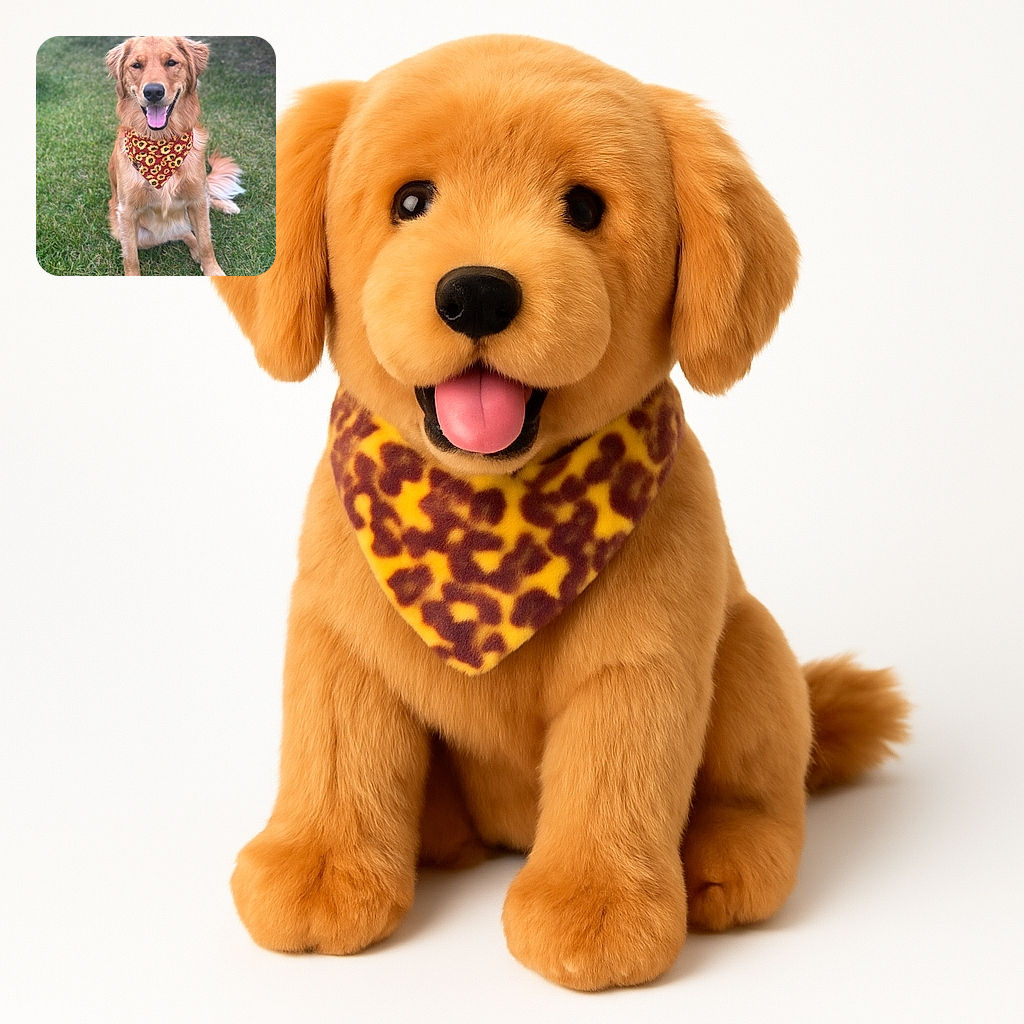 A happy golden retriever sits on a grassy lawn, sporting a bright sunflower-patterned bandana, looking like the friendliest pup ready for a summer picnic.