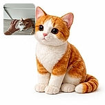 A curious orange and white cat sits on a tiled floor looking up at a hand reaching towards it, as if contemplating whether to play or run away. The setting is indoors with a neutral-toned background, capturing a candid moment of interaction between human and feline.