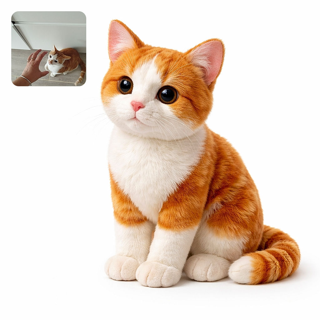 A curious orange and white cat sits on a tiled floor looking up at a hand reaching towards it, as if contemplating whether to play or run away. The setting is indoors with a neutral-toned background, capturing a candid moment of interaction between human and feline.