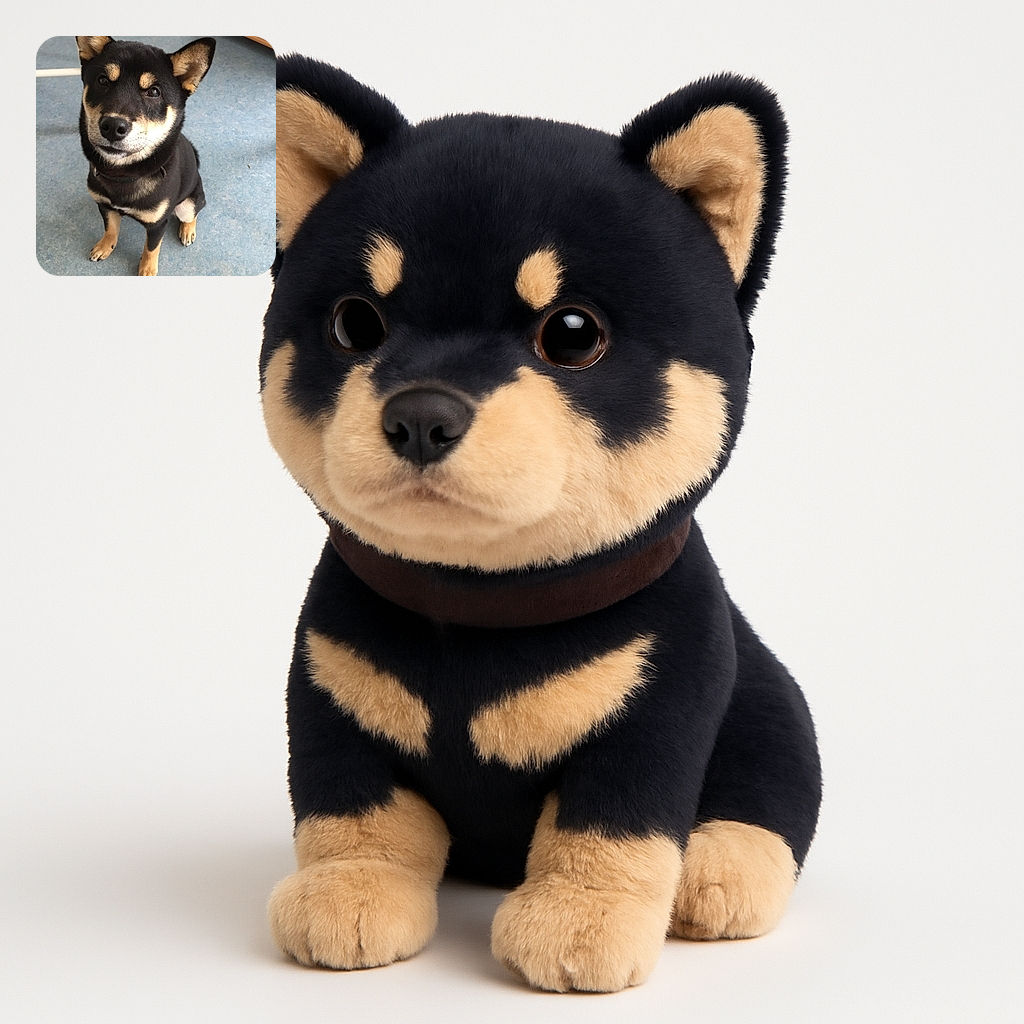 A charming black and tan dog sitting attentively on a blue floor, giving the camera a soulful look as if asking for a treat or a belly rub, with a cozy room background featuring a shelf with books and games.