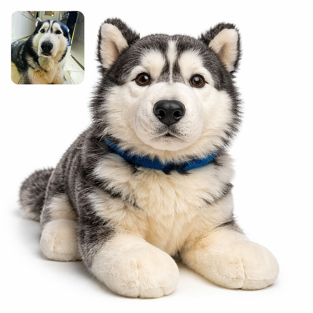 A fluffy husky lying on a tiled kitchen floor, looking directly at the camera with soulful eyes. The background shows kitchen cabinets and appliances, giving a cozy home vibe. The dog's fur is thick and well-groomed, and the photo captures a warm, candid moment.