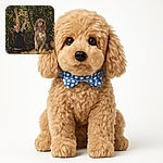 A joyful scene of a girl tossing autumn leaves into the air next to a fluffy, curly-haired dog wearing a blue checkered bow tie, both basking in warm, dappled sunlight with a softly blurred forest background.