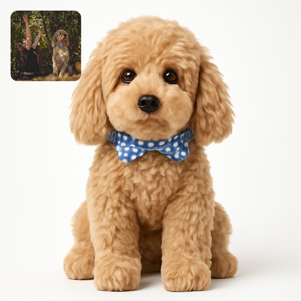 A joyful scene of a girl tossing autumn leaves into the air next to a fluffy, curly-haired dog wearing a blue checkered bow tie, both basking in warm, dappled sunlight with a softly blurred forest background.