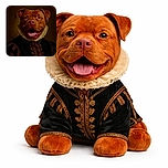 A regal dog with a happy expression is dressed in an elaborate historical outfit, complete with a ruffled collar, looking like a noble from a classic painting but with a modern twist of canine charm.