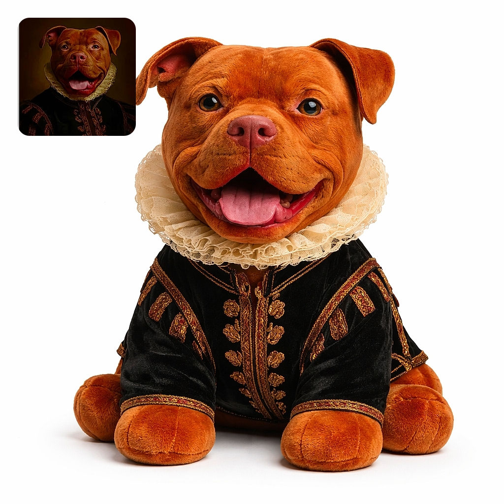 A regal dog with a happy expression is dressed in an elaborate historical outfit, complete with a ruffled collar, looking like a noble from a classic painting but with a modern twist of canine charm.