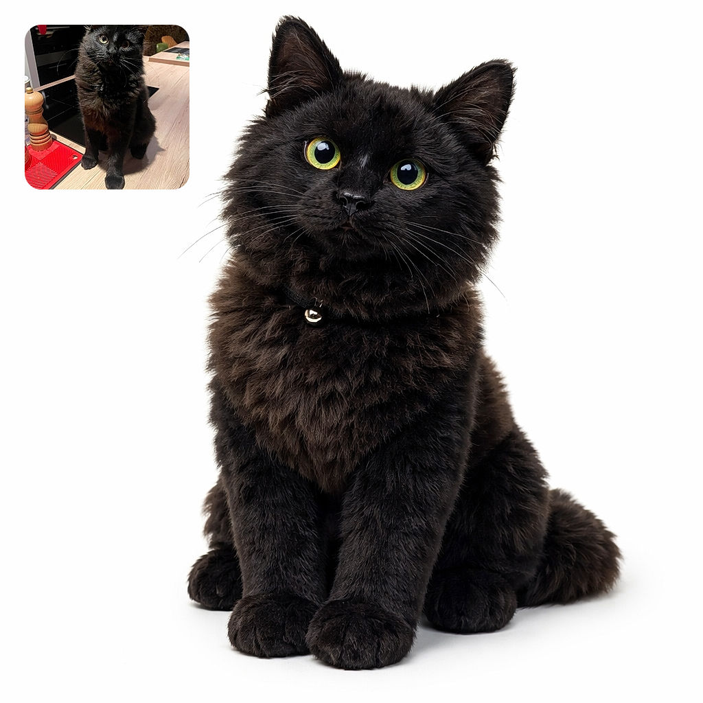 A fluffy black cat sits attentively on a wooden kitchen counter, its curious eyes gleaming in the ambient light. Nearby, a wooden pepper grinder and a red silicone mat add a pop of color and texture to the cozy kitchen setting.