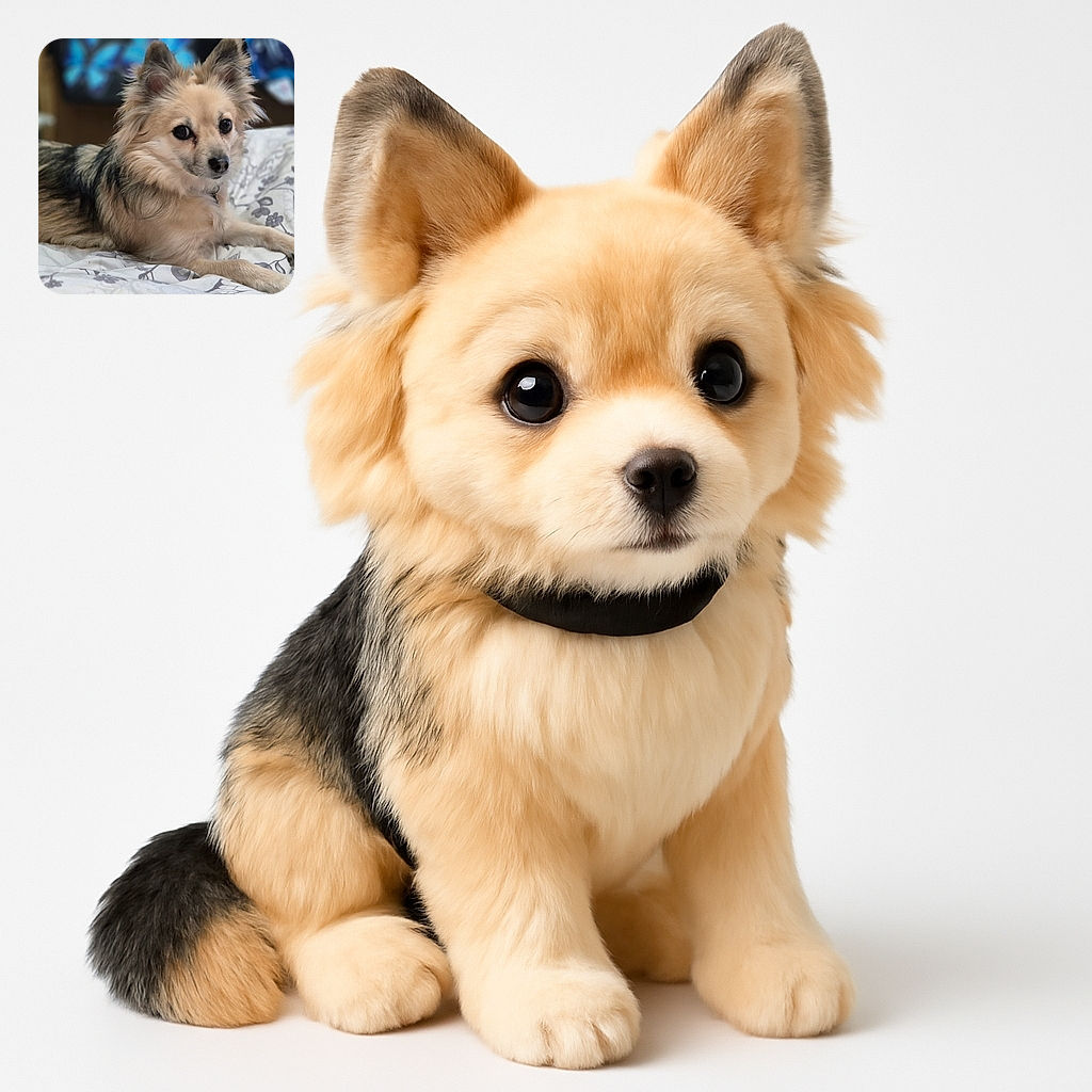 A fluffy, attentive dog lounges comfortably on a patterned bedspread, eyes wide and ears perked, looking like it's ready to star in a cozy home magazine.