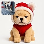 A cute little dog wearing a red and white fluffy hoodie with ears peeks out from behind a metal platform, looking slightly sleepy or unimpressed with the world.