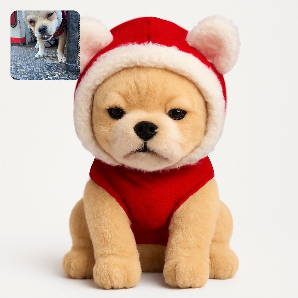 A cute little dog wearing a red and white fluffy hoodie with ears peeks out from behind a metal platform, looking slightly sleepy or unimpressed with the world.