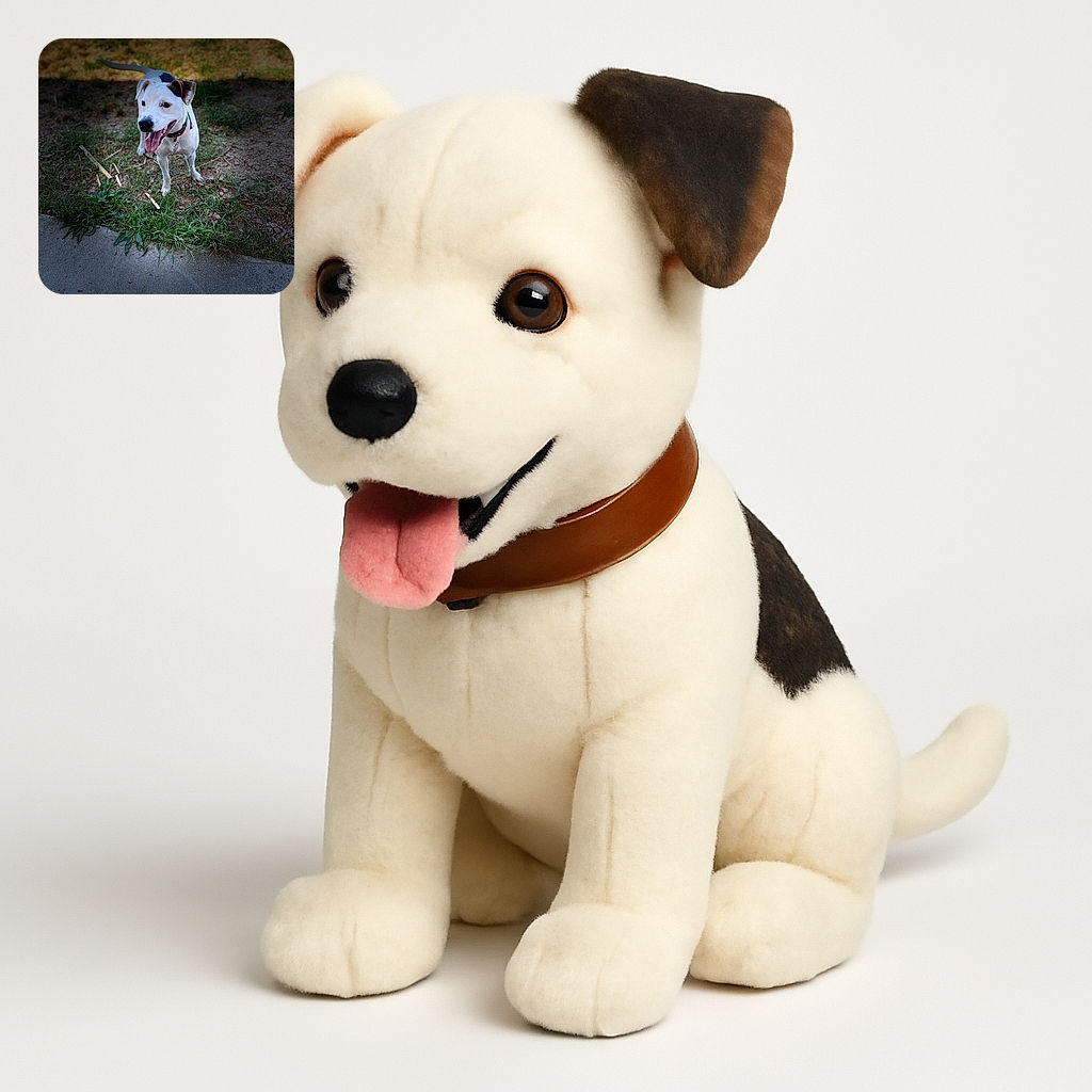 A cheerful white dog with black patches stands on a patch of grass next to a concrete path, tongue out and tail wagging, looking like it's ready for an adventure on a sunny day.