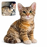 A curious tabby cat lounges on a rocky dirt ground, gazing up with bright, inquisitive eyes as golden sunlight highlights its striped fur and pink nose.