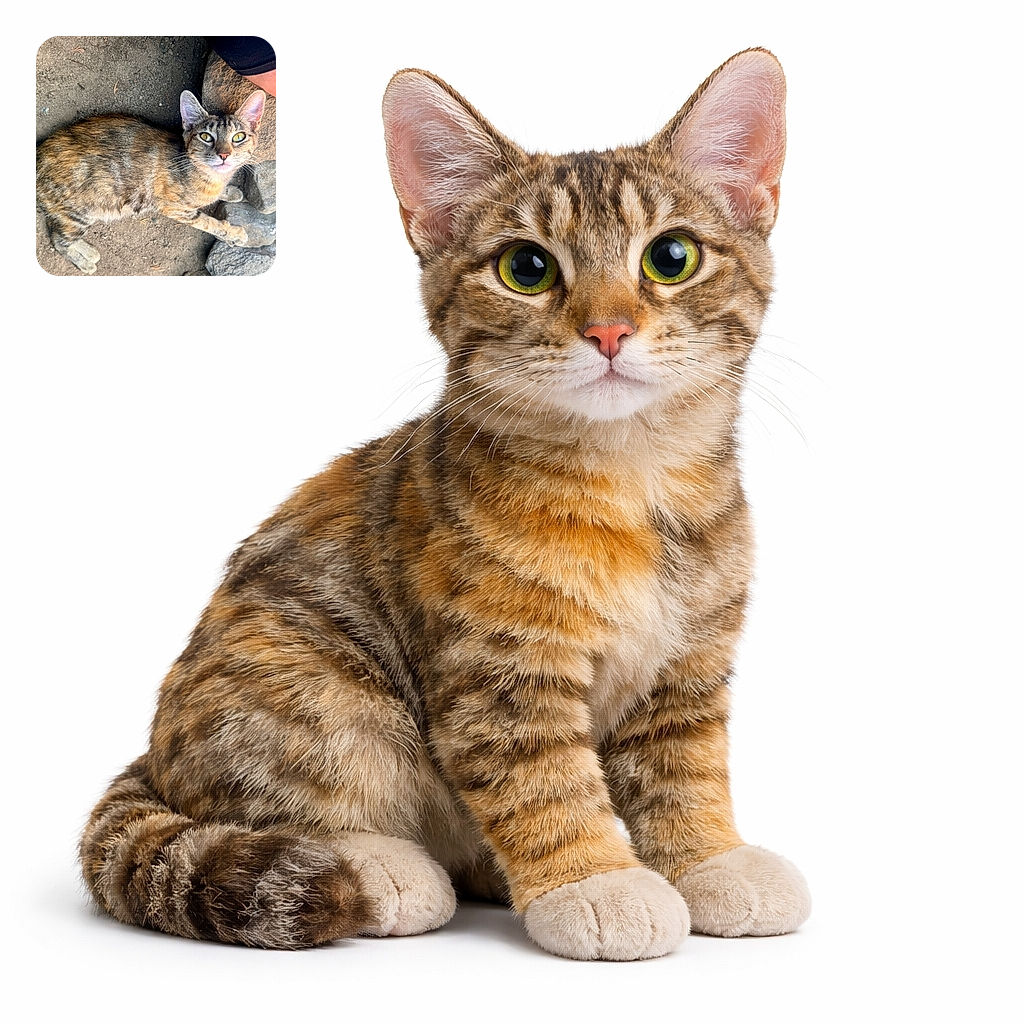 A curious tabby cat lounges on a rocky dirt ground, gazing up with bright, inquisitive eyes as golden sunlight highlights its striped fur and pink nose.