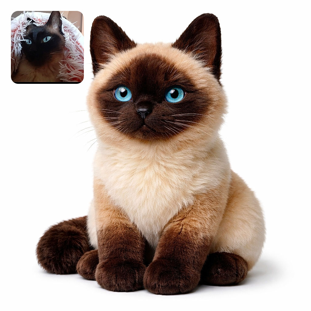 A close-up photo of a Siamese cat with striking blue eyes, partially wrapped in a fluffy, textured blanket with pink and white strands, creating a cozy and warm atmosphere. The background is blurred, focusing attention on the cat's expressive face.