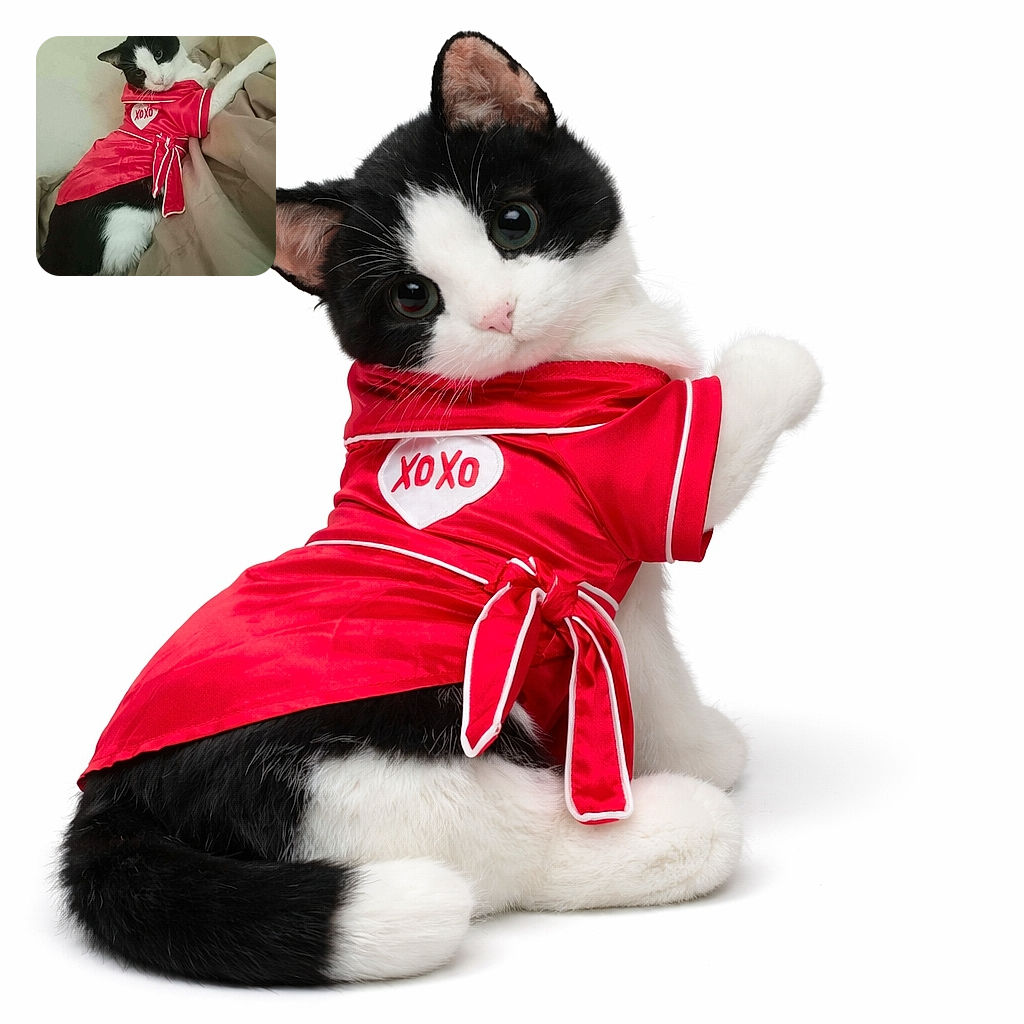 A black-and-white cat lounges on a beige blanket, wearing a bright red outfit with a heart and 'XOXO' printed on it, looking curiously at the camera as if ready for a Valentine's Day party.