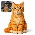 An orange tabby cat sits regally on a cluttered kitchen table, looking directly at the camera with wide, curious eyes. The background reveals a typical kitchen setup with bottles, glasses, and a cooker hood adorned with magnets, adding a cozy, lived-in feel to the scene.