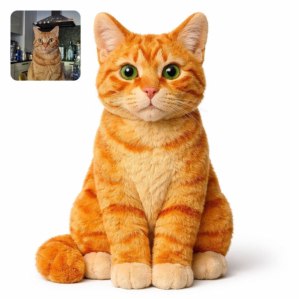 An orange tabby cat sits regally on a cluttered kitchen table, looking directly at the camera with wide, curious eyes. The background reveals a typical kitchen setup with bottles, glasses, and a cooker hood adorned with magnets, adding a cozy, lived-in feel to the scene.