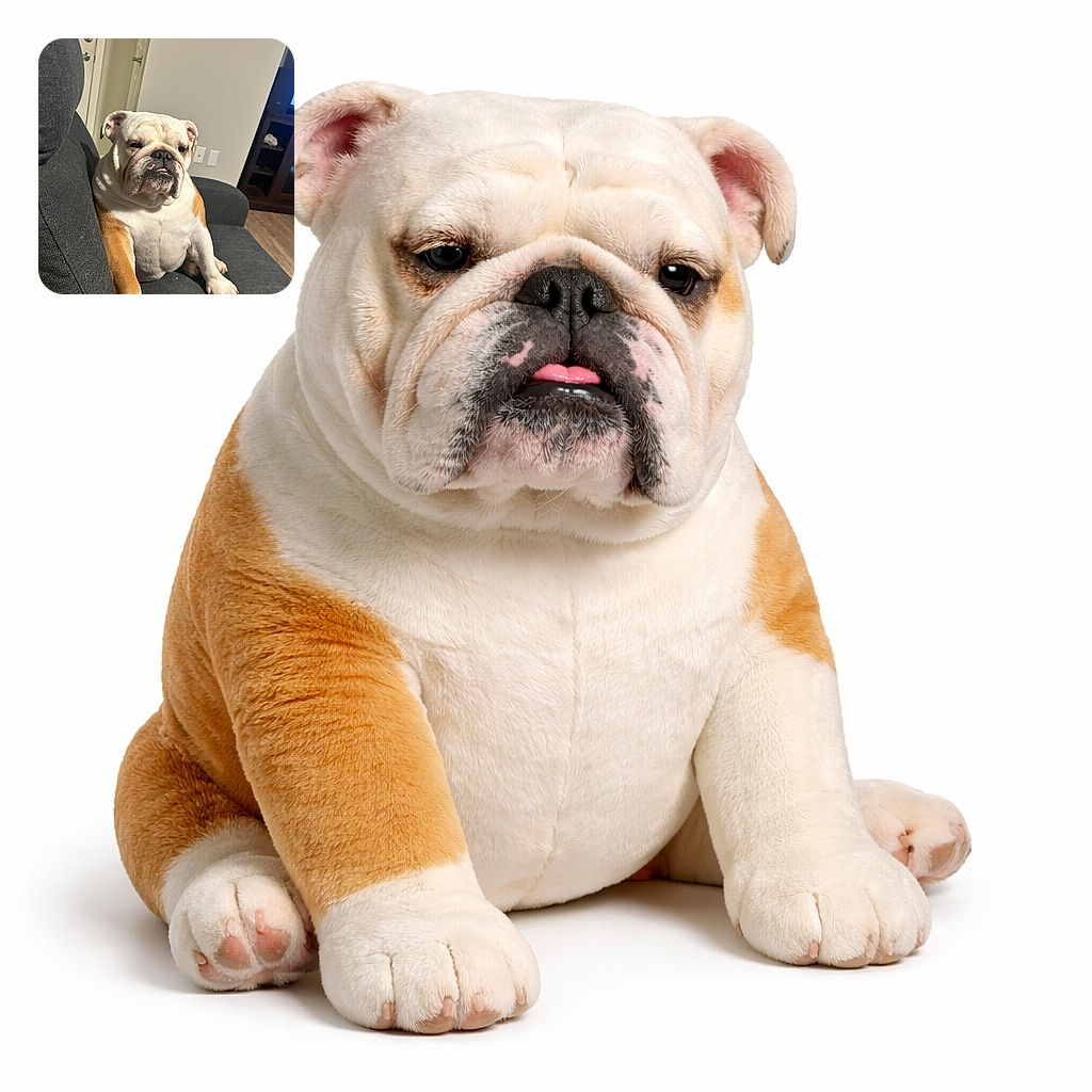 A charming bulldog lounges on a dark gray couch looking slightly grumpy but adorable, with a cozy indoor setting featuring a door, light switches, and a wooden cabinet in the background.