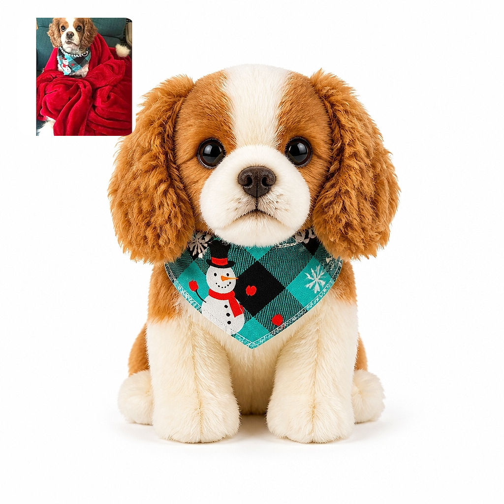 A very serious-looking Cavalier King Charles Spaniel sits bundled like royalty in a bright red blanket, wearing a festive bandana and staring into the camera as if waiting for room service. The photo appears inside a social-media comment thread, with a teal couch behind the dog and a fluffy tail cameo peeking out from the blanket.