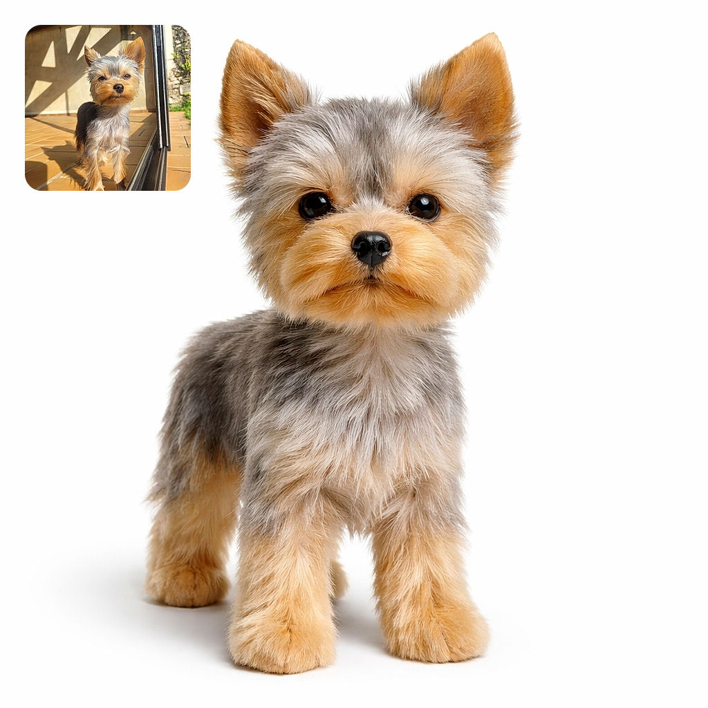 A tiny sunlit Yorkshire Terrier squints like a wise old sage — standing on terracotta tiles with one ear slightly cocked, the doorframe acting as its personal spotlight. Cute, proud, and mildly unimpressed by human photography skills.