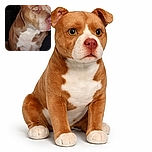 A close-up photo of a brown and white dog taken at night. The dog's face is partially out of frame and slightly blurry, with a dark background of foliage. The flash reflects in the dog's eye, giving it a glowing effect.