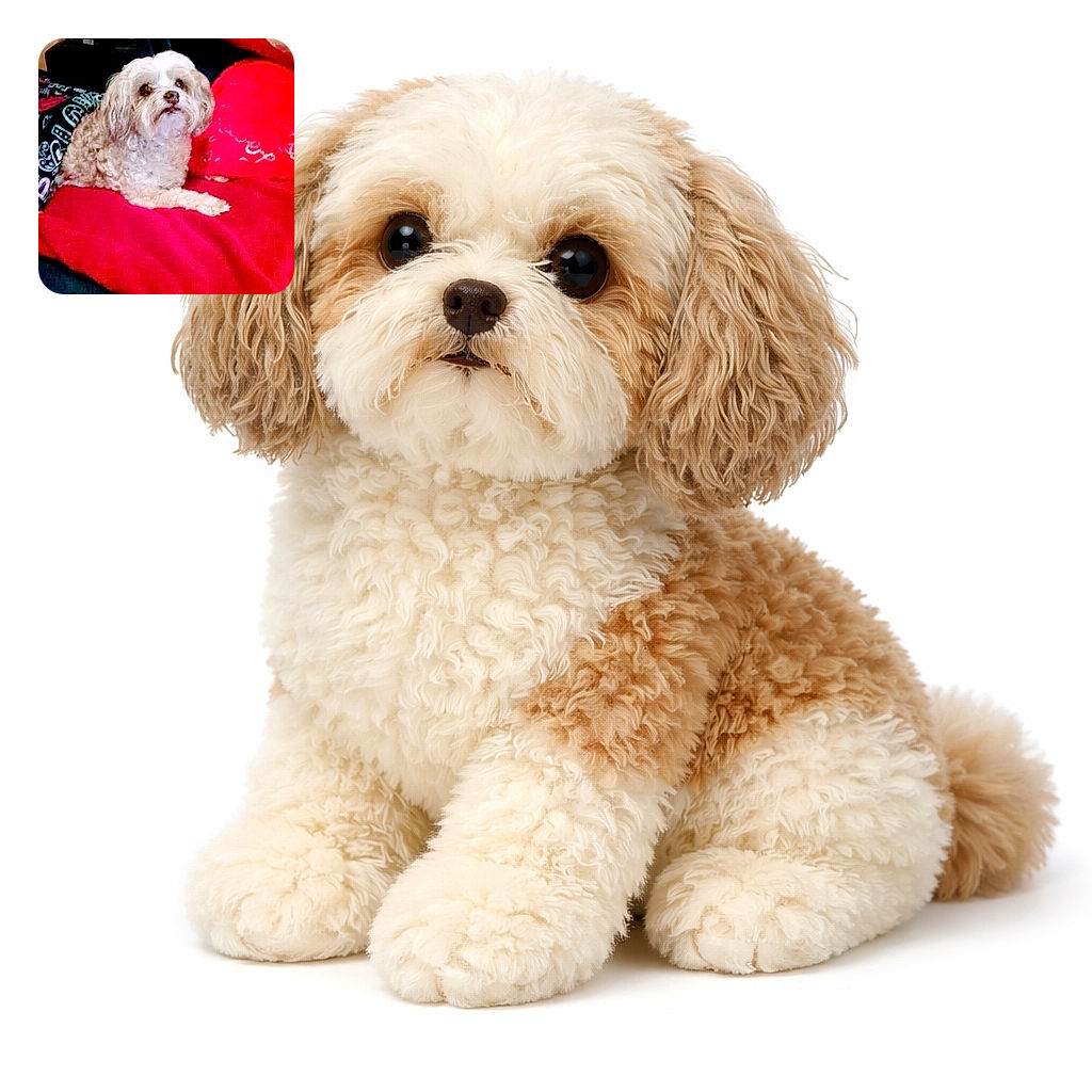 A fluffy dog with curly fur lounges on a vibrant red blanket, surrounded by cozy household items including a tissue box and patterned fabric, creating a warm and homely scene.