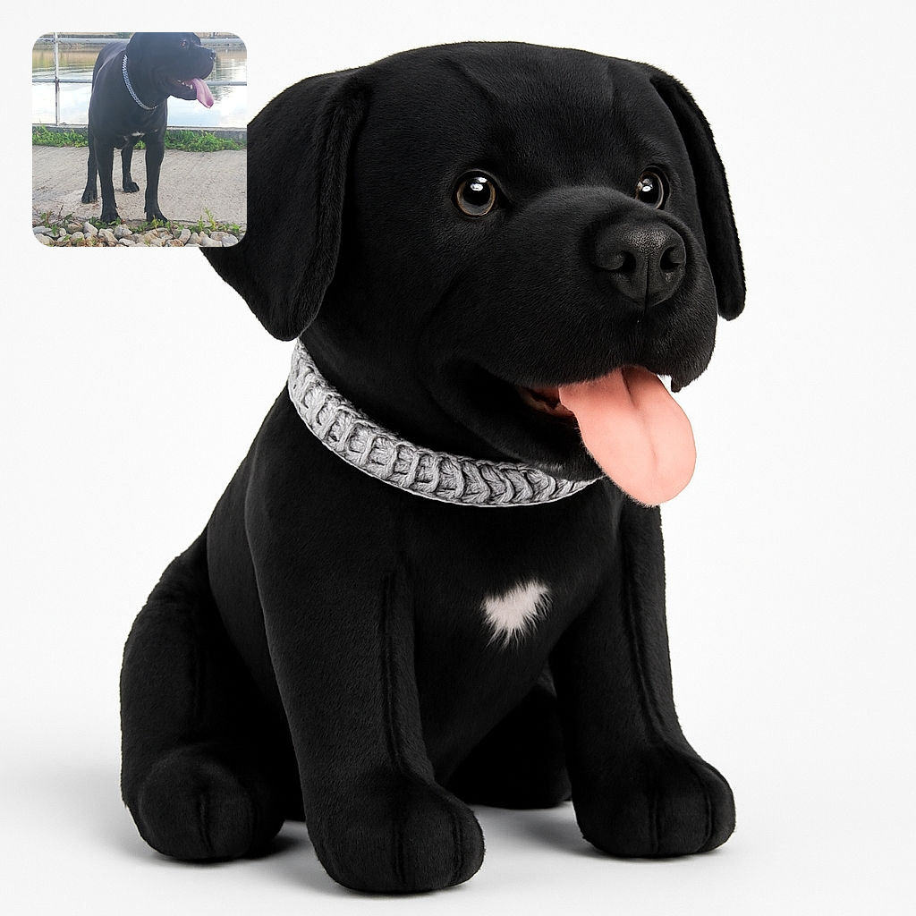A happy black dog with a shiny chain collar stands near a body of water, tongue out and looking to the side, surrounded by rocks and greenery with a peaceful countryside background.