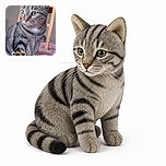 A dignified silver tabby sits like the household CEO, staring off with majestic green eyes while a cartoon tiger sips from a pink tumbler and announces that it is Saturday. The cat appears ready to approve the weekend schedule.