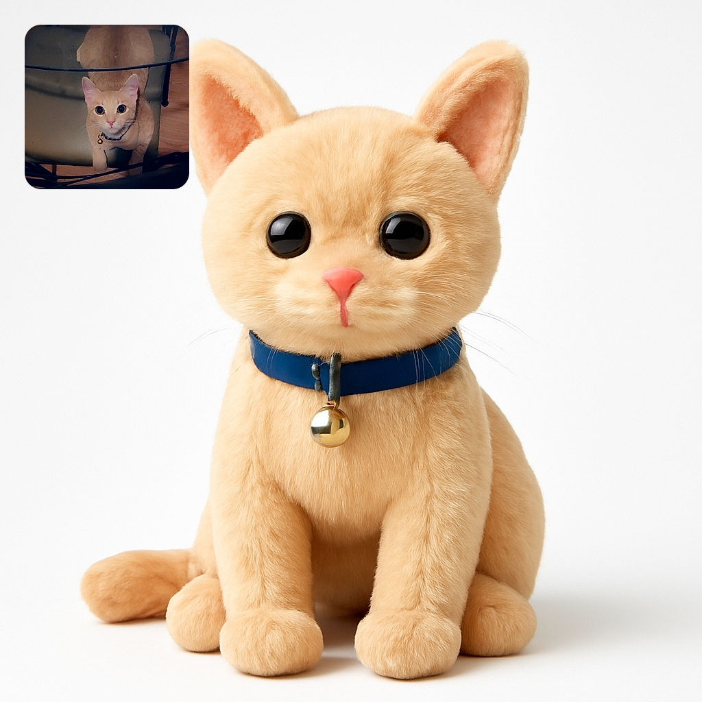 A curious light-orange cat with big round eyes and a bell collar is sitting on a chair, looking up with an innocent and inquisitive expression, framed by the glass tabletop above it and wooden floor beneath.