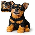 A close-up shot of a small dog with black and tan fur, lying down with a funny half-smile and squinty eyes, looking like it's caught mid-yawn or mid-sneeze, against a soft background dotted with red hearts.