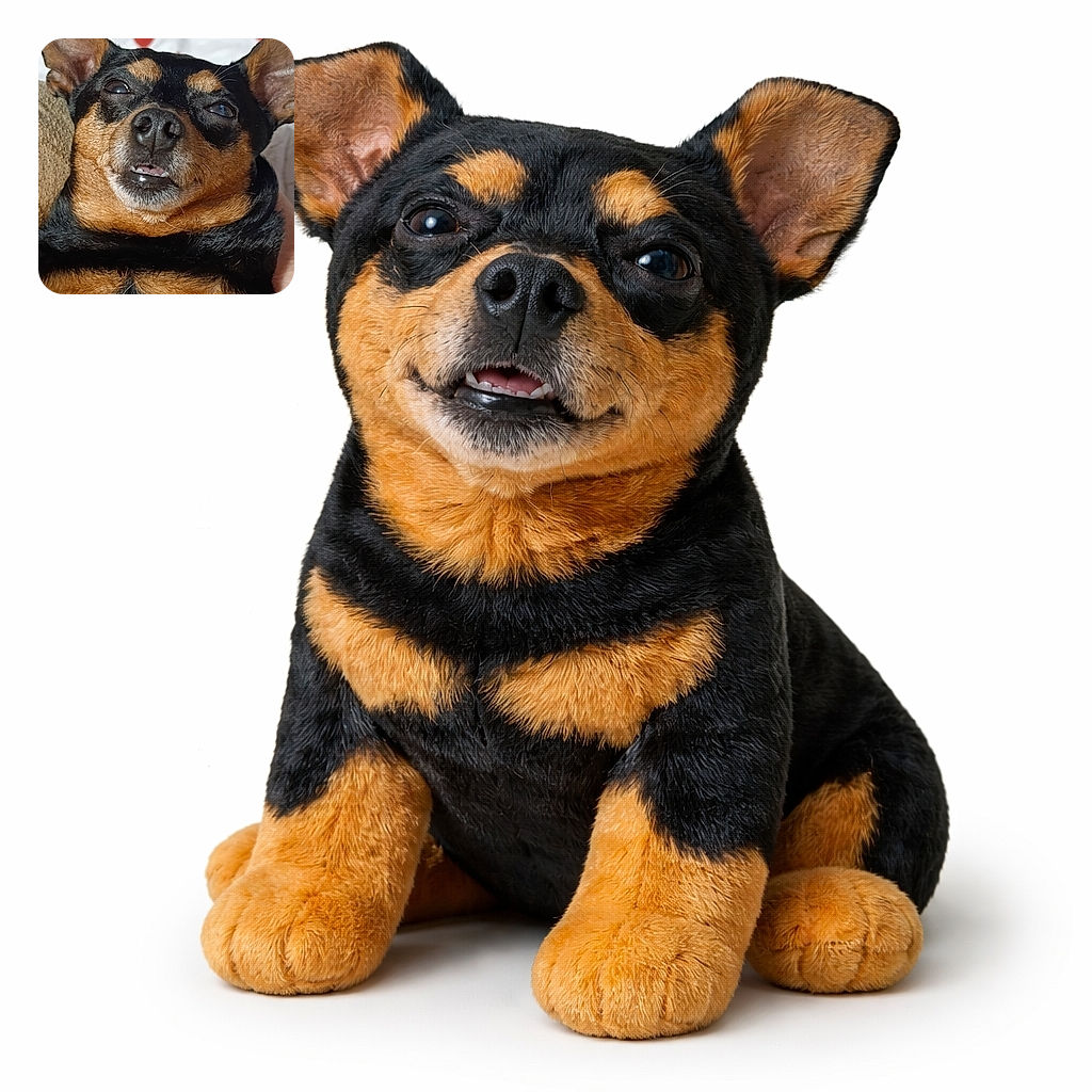 A close-up shot of a small dog with black and tan fur, lying down with a funny half-smile and squinty eyes, looking like it's caught mid-yawn or mid-sneeze, against a soft background dotted with red hearts.