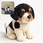 A tiny black and white puppy sits on a rough gravel surface, squinting slightly in the bright sunlight, casting a long shadow behind it as if it's contemplating the mysteries of the world.