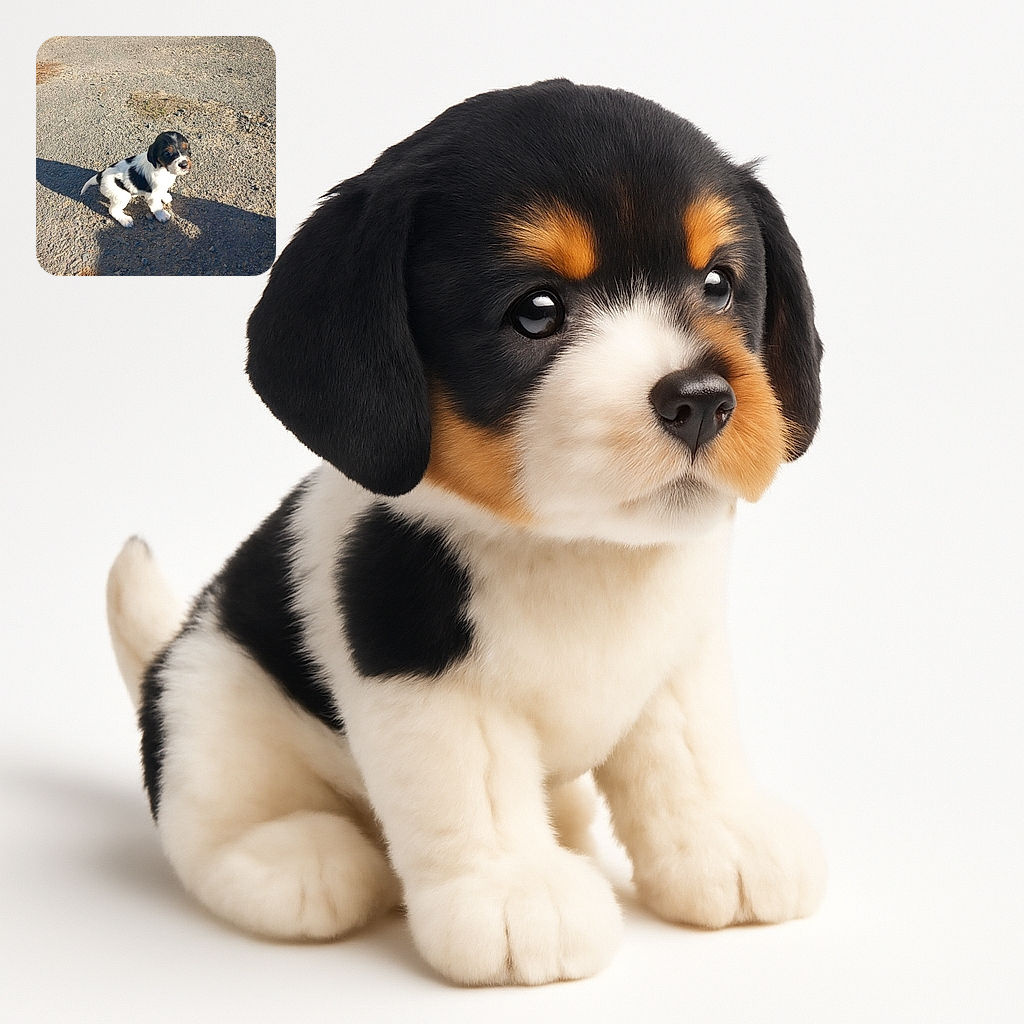 A tiny black and white puppy sits on a rough gravel surface, squinting slightly in the bright sunlight, casting a long shadow behind it as if it's contemplating the mysteries of the world.